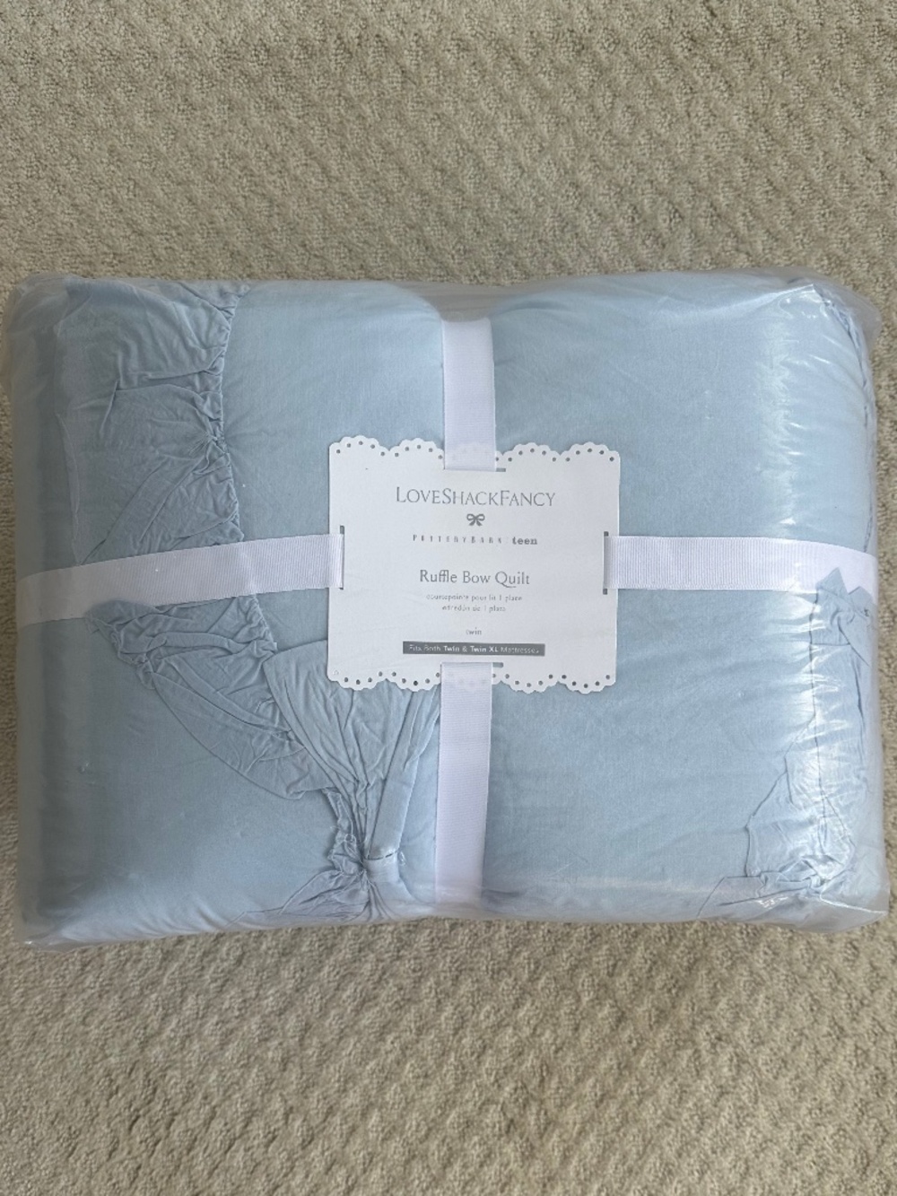 Pottery Barn Teen LoveShackFancy Cotton Ruffle Bow Quilt Light Blue Twin NWT - Picture 2 of 5